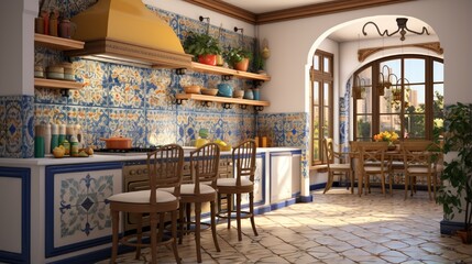 Fototapeta na wymiar a 3D rendering of a Mediterranean-style kitchen with colorful tiles and wrought-iron accents.