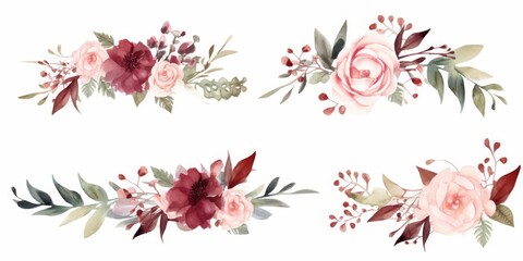 Watercolor floral wreath border bouquet frame collection set green leaves burgundy maroon scarlet pink peach blush white flowers leaf branches. Wedding invitations stationery fashion, Generative AI - obrazy, fototapety, plakaty