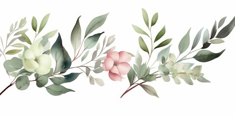 Watercolor floral bouquet set with green leaves, pink peach blush white flowers, leaf branches, for wedding invitations, greetings, wallpapers, fashion, prints. Eucalyptus, olive, rose, Generative AI