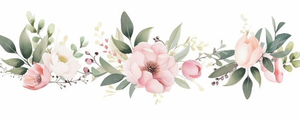 Watercolor floral bouquet set with green leaves, pink peach blush white flowers, leaf branches, for wedding invitations, greetings, wallpapers, fashion, prints. Eucalyptus, olive, rose, Generative AI