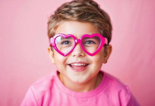 happy male child wearing heart symbol shaped glasses