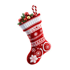 Isolated Christmas stocking on a transparent PNG background.