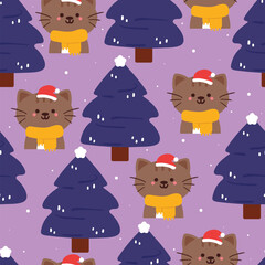 cute seamless pattern cartoon cat with tree in winter. cute animal wallpaper for gift wrap paper