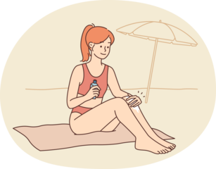 Smiling woman apply sunscreen sunbathing on beach