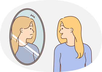 Smiling woman look in mirror see unhappy face