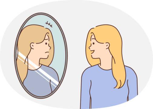 Smiling woman look in mirror see unhappy face - Powered by Adobe