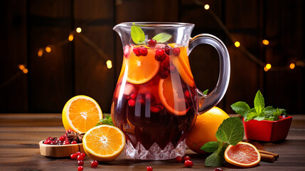 Christmas sangria in a glass jug, with orange slices and berries.