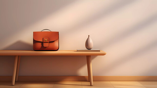 A Small Wooden Table With A Book And A Purse On It And A Purse On The Table Next To It