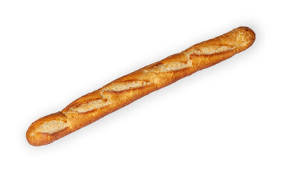 A long loaf of French baguette on a white background