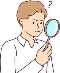 Fototapeta na wymiar Man with magnifying glass works as private detective and tries to find small clues with loupe