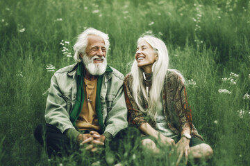 Elderly Couple Basks in Happiness, Sharing a Serene Moment on a Meadow, AI generated