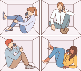 People make phone calls sitting in cramped cubes and chatting for concept of close quarters