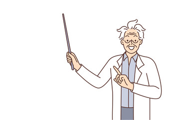 Crazy scientist points to formulas written on blackboard and teaches children from school math