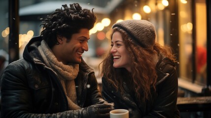 a joyful couple dating engaged in a heartfelt conversation at a caf&eacute;, surrounded by the soft glow of lights, with snowflakes gently falling around them.
