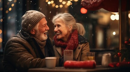 an elderly couple dating, sharing a joyful moment at a cafe, their faces dusted with snowflakes, reflecting a lifetime of warmth and companionship against a backdrop of festive lights. - obrazy, fototapety, plakaty