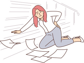 Woman office worker fell down stairs and injured back dropping papers and documents on floor.