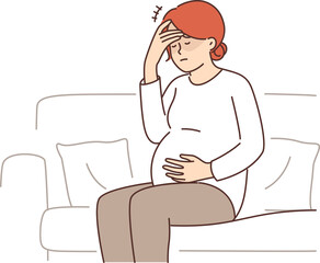 Pregnant woman feeling headache and migraine sitting on couch and waiting for doctor