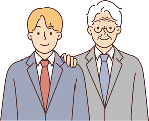 Young and old man in business suits symbolize succession of generations and inheritance