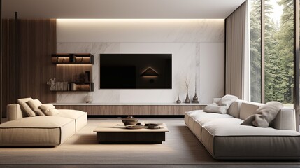 Fototapeta na wymiar a realistic 3D rendering of a modern living room with a sleek, minimalist design.