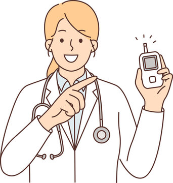 Woman doctor holds glucometer to measure increase in insulin in diabetic patients