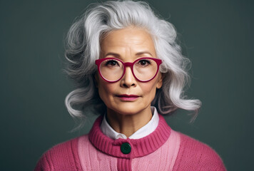 Elegant Asian Visionary: Mature Woman in Gray Hair and Glasses Poses in Subtle Portrait Against Gray Backdrop, AI generated