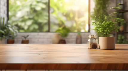 Fototapeta na wymiar a wooden table top with a blurry background of a kitchen area in the background with a potted plant on the table