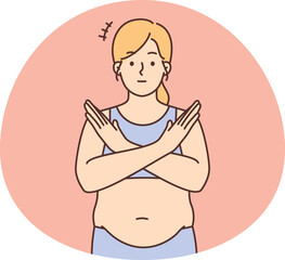 Overweight woman show stop hand gesture