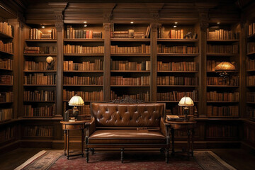 Luxurious library interior with antique furniture and bookshelves. - obrazy, fototapety, plakaty