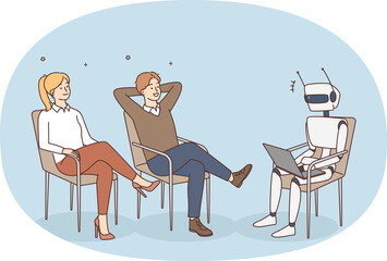 Businesspeople watch robot working on computer