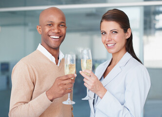 Portrait, woman and man with champagne for partnership, collaboration or global success....
