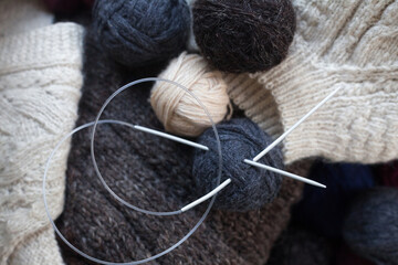 Knitting. Knitting needles with the balls of wool