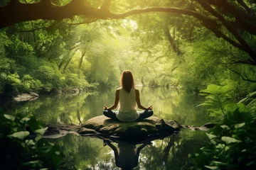 Foto op Canvas Healthy lifestyle, states of mind concept. Woman meditating or making yoga in dense jungles and illuminated with sun light © Rytis