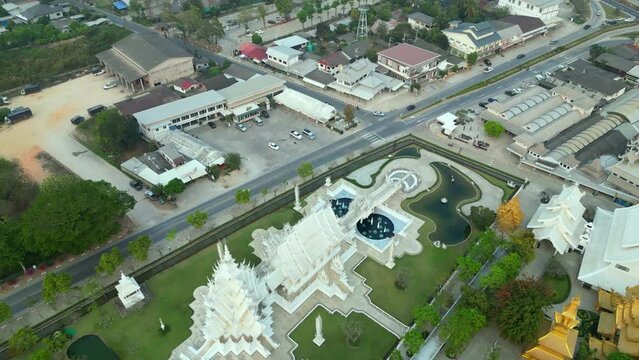 Drone footage. Thailand. white templt. A modern Buddhist temple with its unique snow-white facade