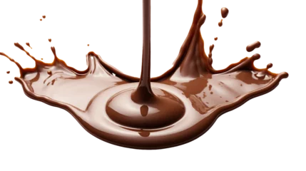 Zelfklevend Fotobehang Chocolate dripping splashes on transparent background, image with background removed, created with Generative Ai technology. © Viktor