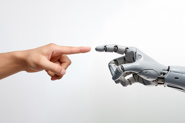 Robot hand making contact with human hand, technology robot AI meets human person on white background