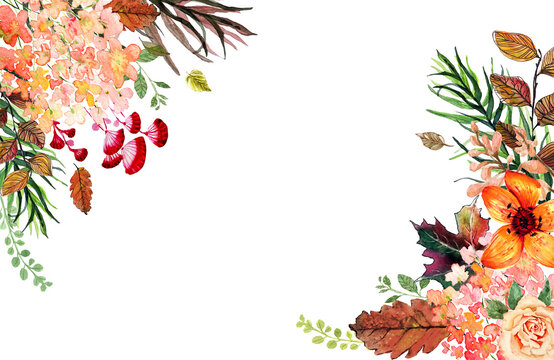 Cornice angolare autunnale con foglie e fiori. Illustrazione ad acquerello isolata