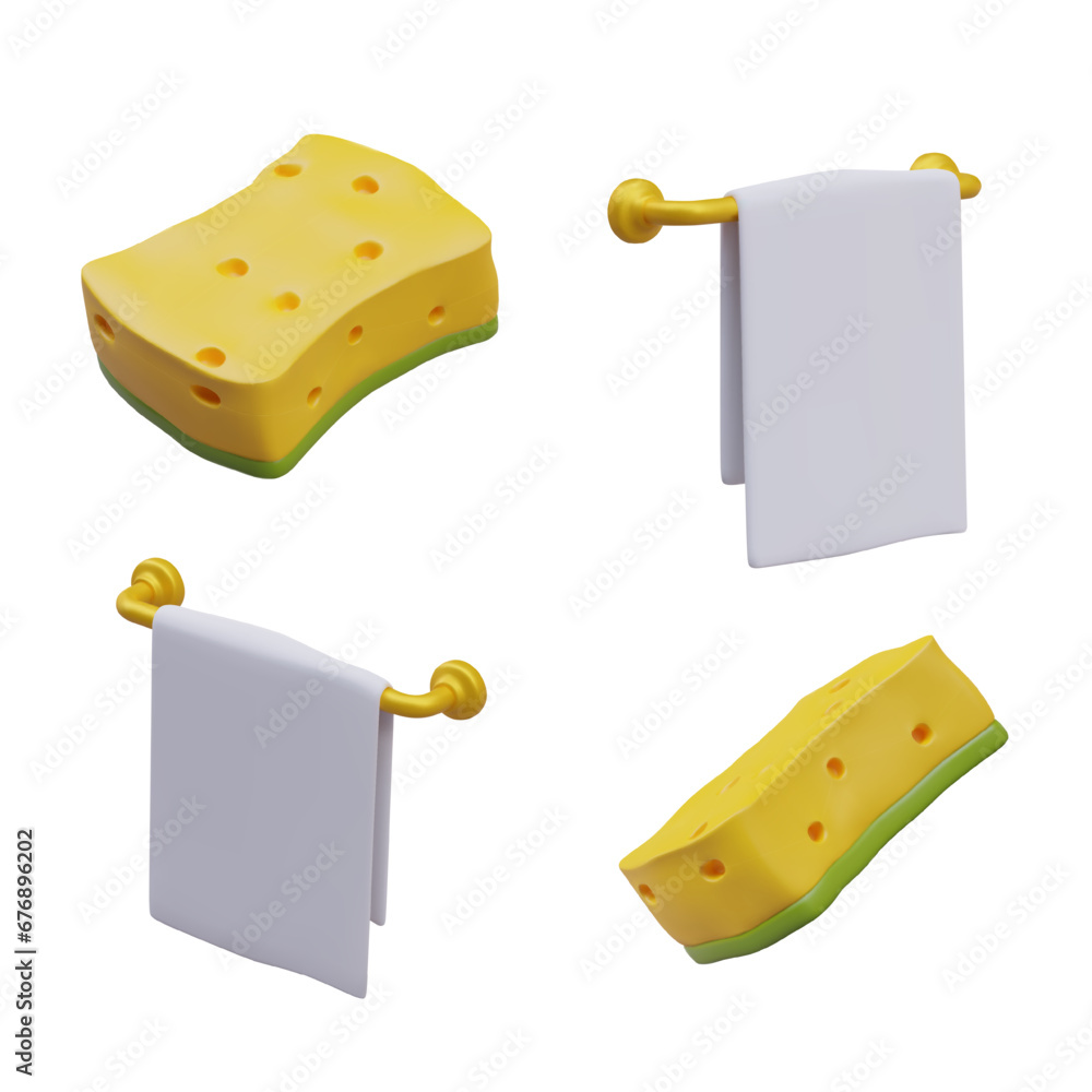 Aufkleber set of vector 3d objects for washing and wiping. daily hygiene and care. objects at different angles