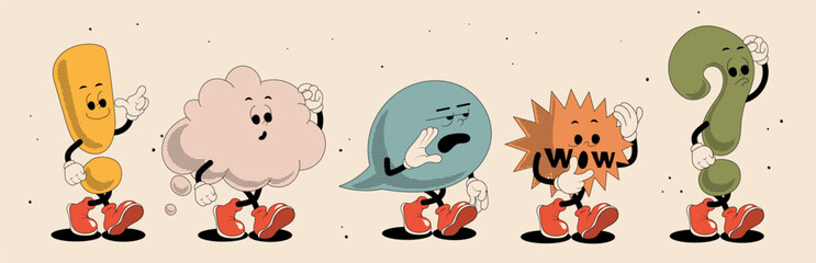 Various Speech Bubbles with face, hands, legs. Walking. Exclamation point, question mark , talking cloud,  wow sign. Retro cartoon style. Cute isolated characters speech bubbles. Vector illustration © Tasha