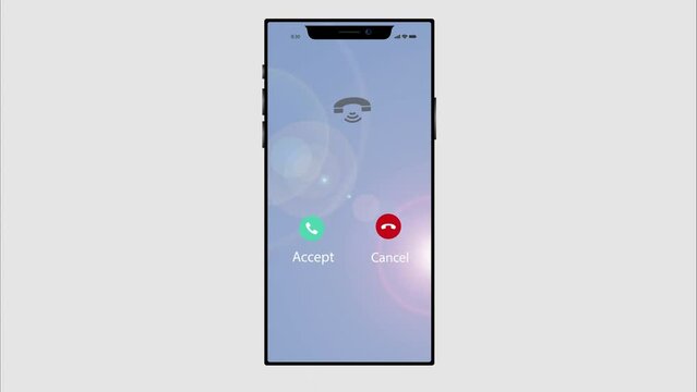 smartphone with a blue screen on a gray background and glare vibrates from an incoming call, accept and reject buttons, 4K HD video