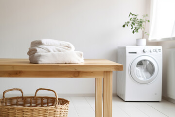Fototapeta na wymiar Empty wooden countertop in home laundry room on blurred washing machine background