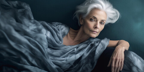 Radiant Caucasian Matriarch: Graceful Gray-Haired Beauty in Subdued Portrait, Evoking Cool Elegance against Gray Backdrop, AI generated