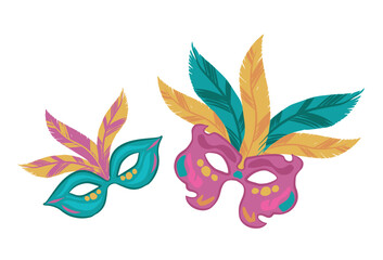 Colorful masks for holiday celebration, masquerade ball, carnival party and festivals. Flat vector illustration isolated on transparent background