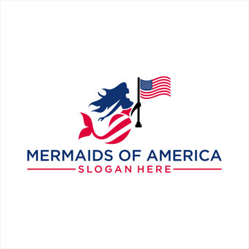 Illustration of Mermaids and America logo, Mermaid in the USA icon vector,  beach house template, Happy Independence Day July 4 lettering design illustration. 
