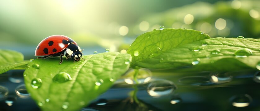 Close up of a ladybug walking along a leaf. raindrop on a leaf with ladybug. 