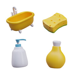 Set of 3D bathroom icons. Golden bathtub on legs, yellow sponge, bottles with care cosmetics. Cleansing, relaxation, moisturizing. Pleasant water procedures