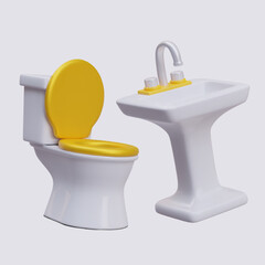 Lavatory concept. Expensive sanitary ware with gold decoration. Yellow toilet bowl and sink. Realistic isolated image. Cleaning service, shining result. Vector