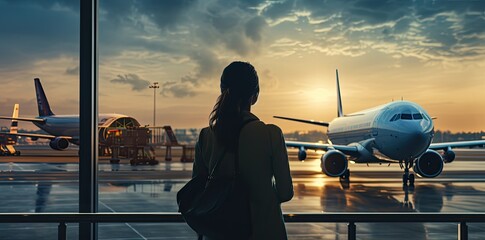 A girl at the airport window in the sunset looks at boarding for other flights. Generated by AI. - obrazy, fototapety, plakaty