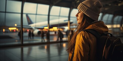 A girl in winter clothes is waiting for a flight at the airport. Generated by AI. - obrazy, fototapety, plakaty