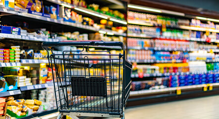 A shopping cart by a store shelf in a supermarket - obrazy, fototapety, plakaty
