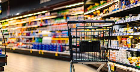 A shopping cart by a store shelf in a supermarket - obrazy, fototapety, plakaty